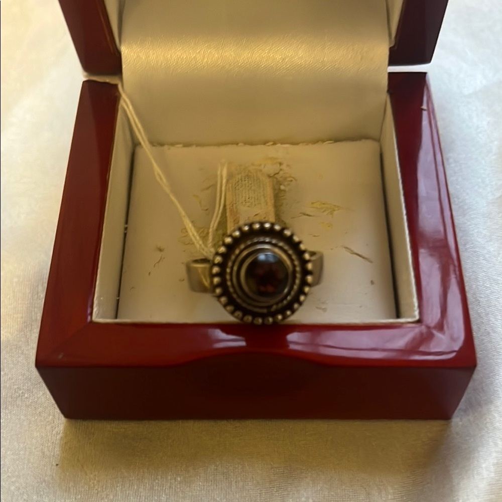 Vintage-Inspired Silver and Red Ring with Intricate Detailing